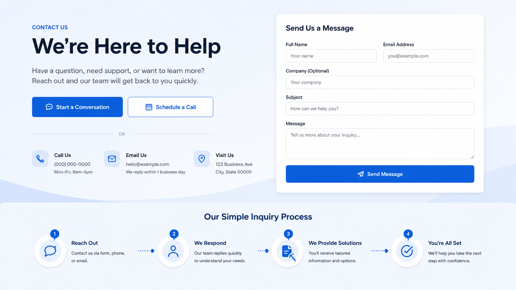 Website contact path showing call-to-action buttons, contact form, phone, and email options.