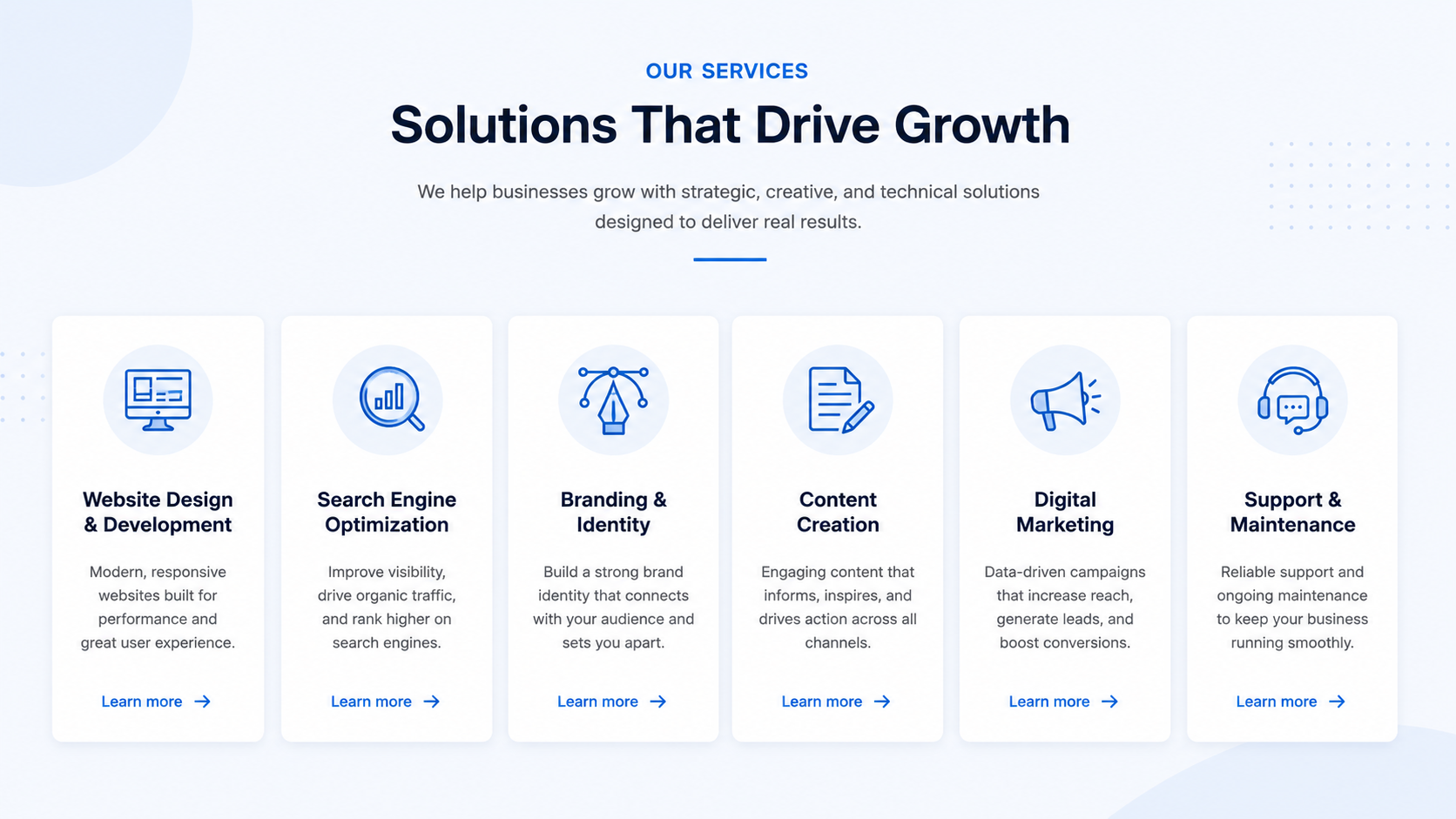 Professional business website layout showing services, trust signals, benefits, and contact path.