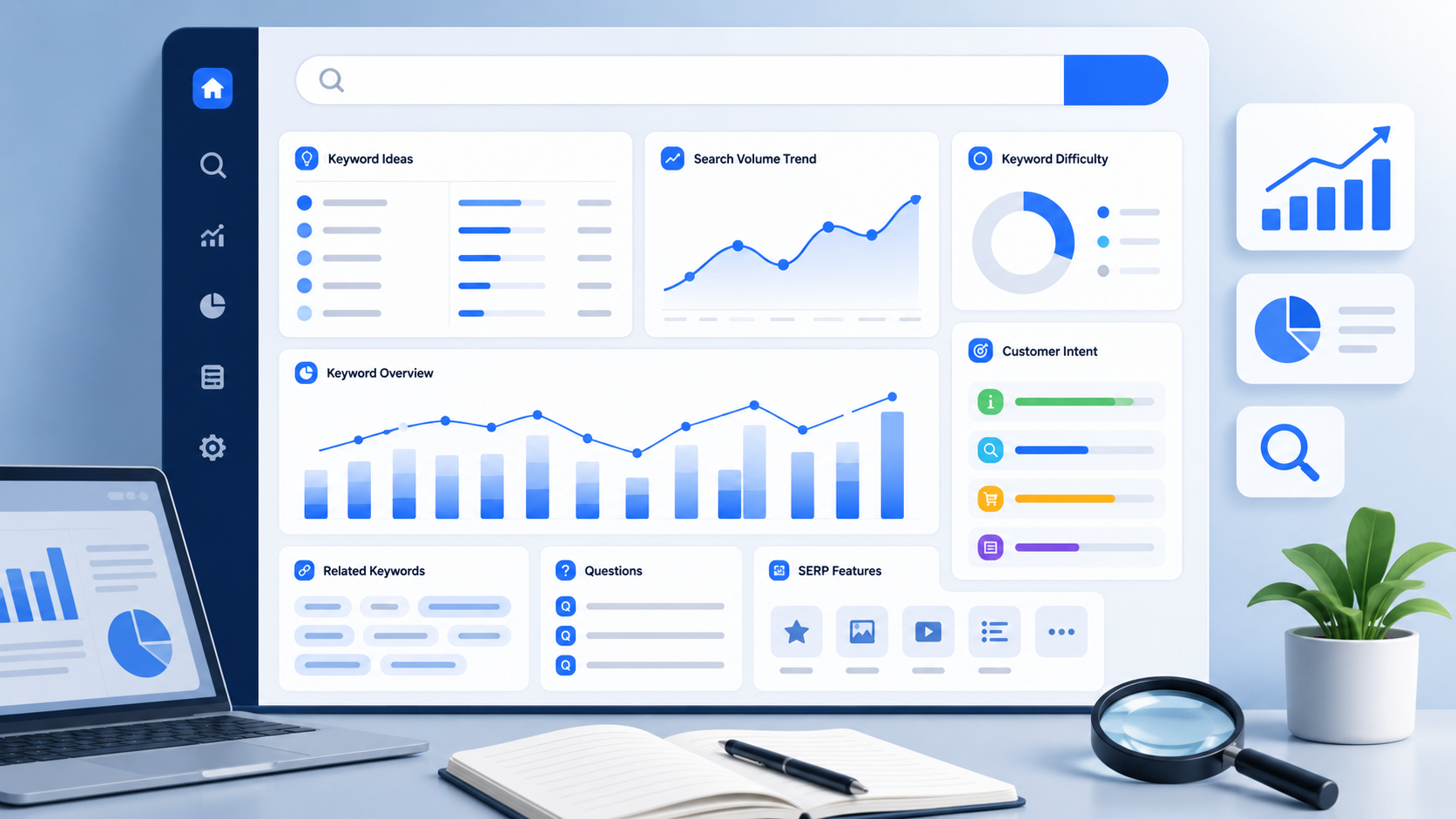 Keyword research dashboard showing search volume, customer intent, and SEO planning.