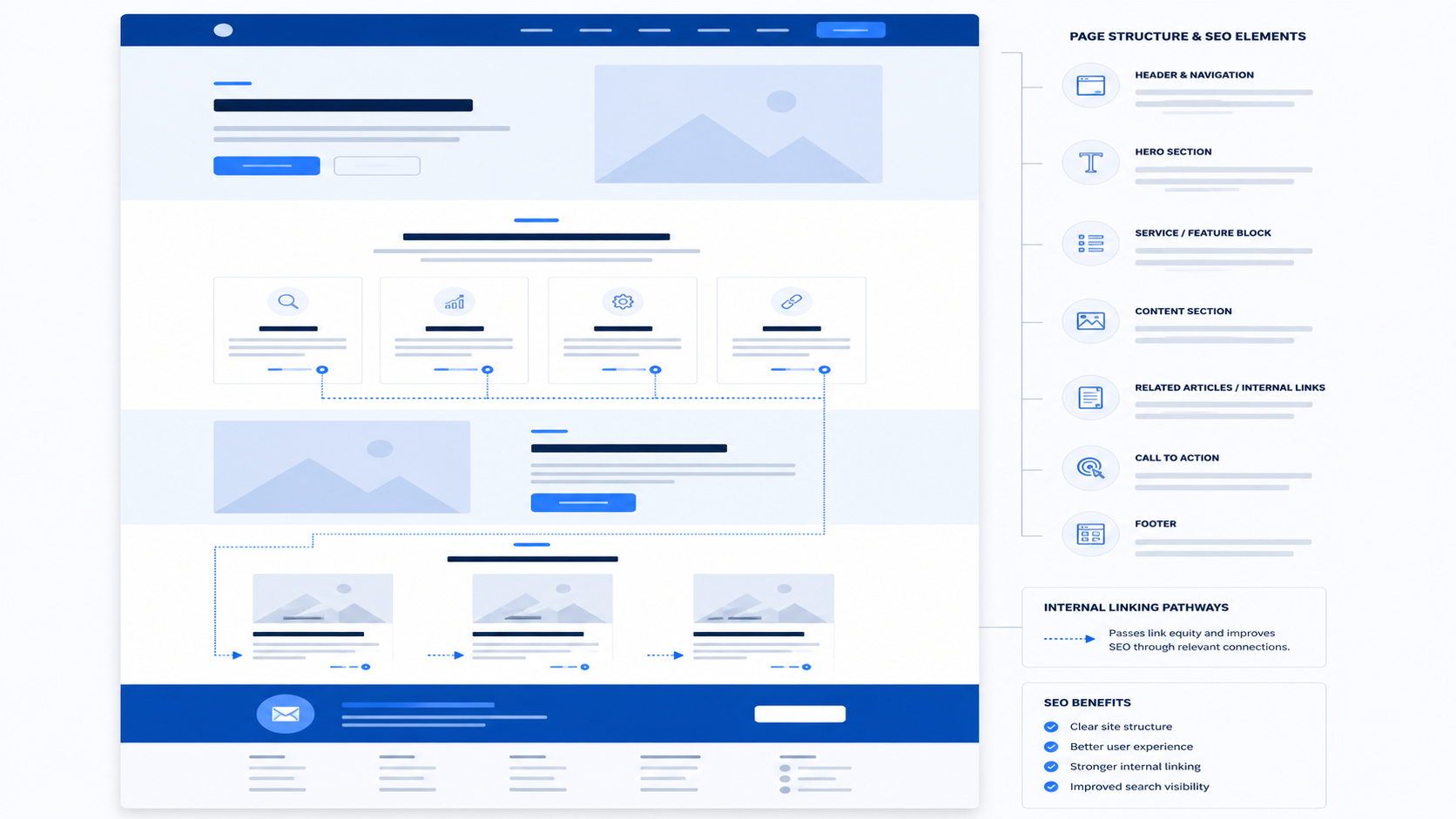 Website page structure with headings, service sections, internal links, and SEO elements.